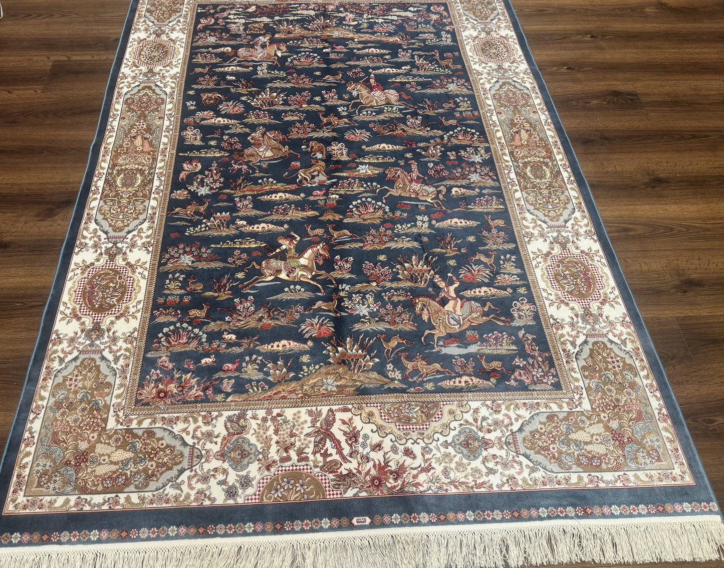 Turkish Silk Rug 5x8, Hunting Design, Animal Pictorials, Steel Blue & Ivory, Bamboo Silk