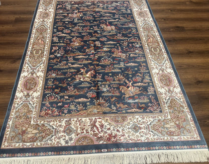 Turkish Silk Rug 5x8, Hunting Design, Animal Pictorials, Steel Blue & Ivory, Bamboo Silk