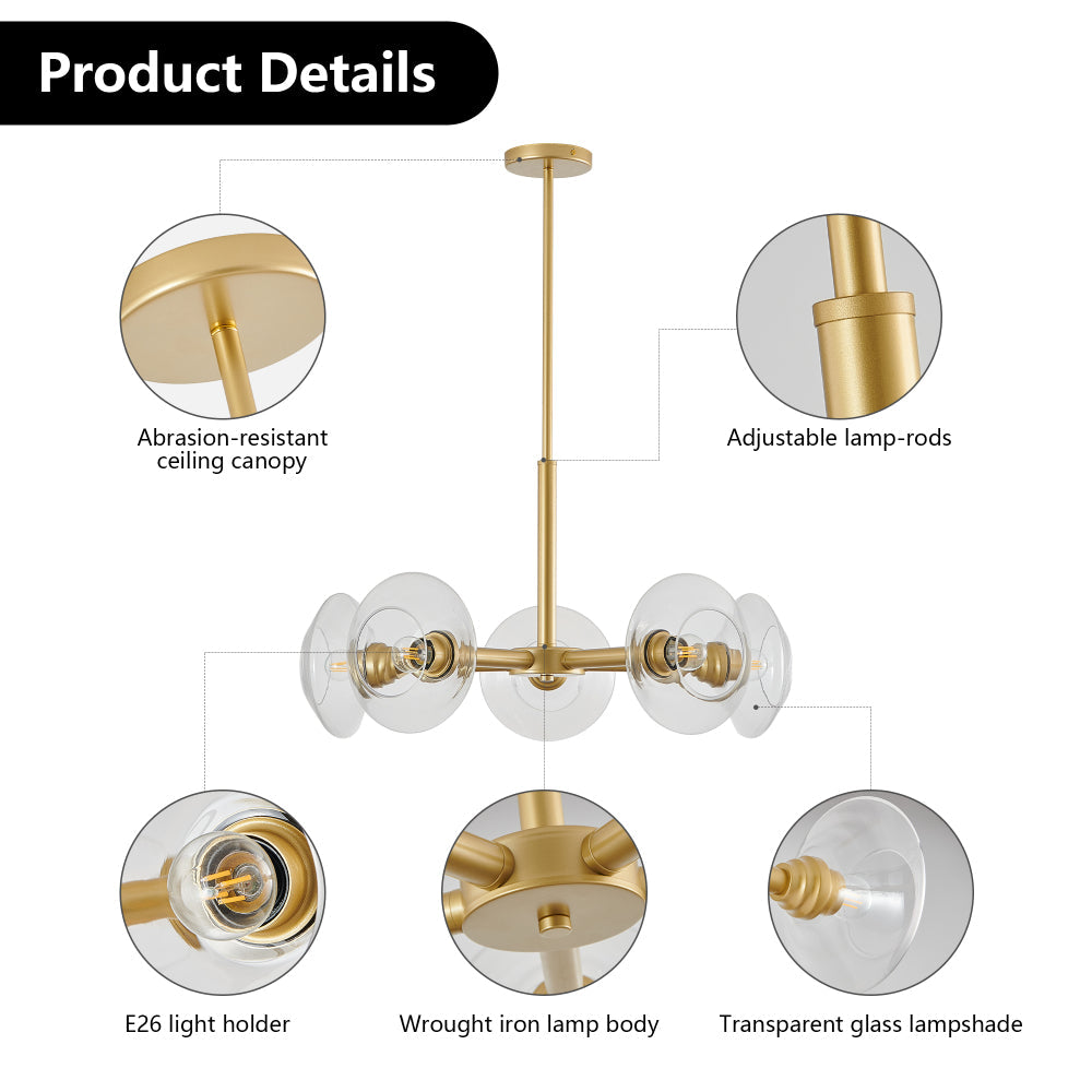 Gold Sputnik Chandelier | Mid-Century Modern Pendant Light with Clear Glass Shades for Dining Room, Living Room & Kitchen