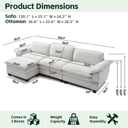 Living Room Sofa Luxury Couch with Ottoman in Soft Chenille Beige