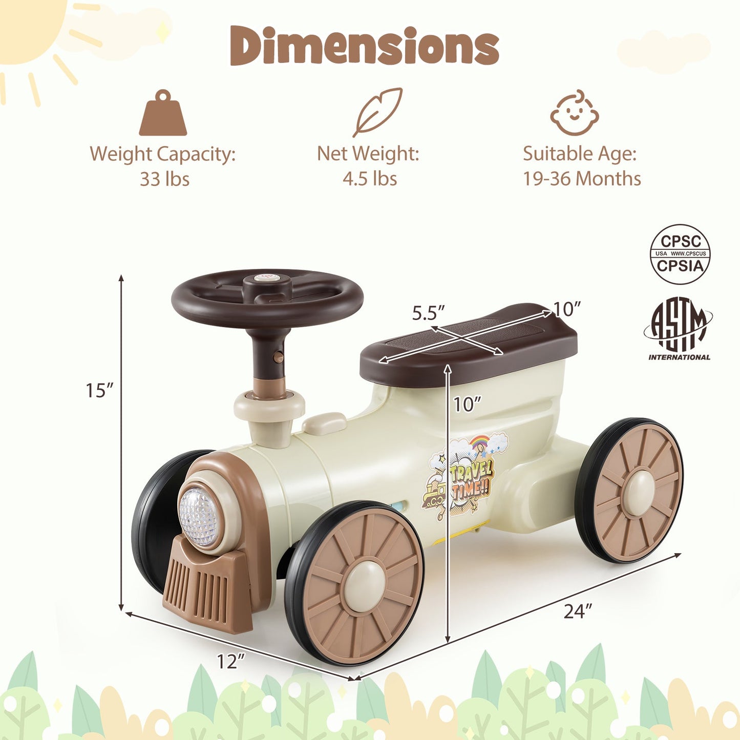 Ride on Toy with Steering Wheel and Train Whistle Sound Button