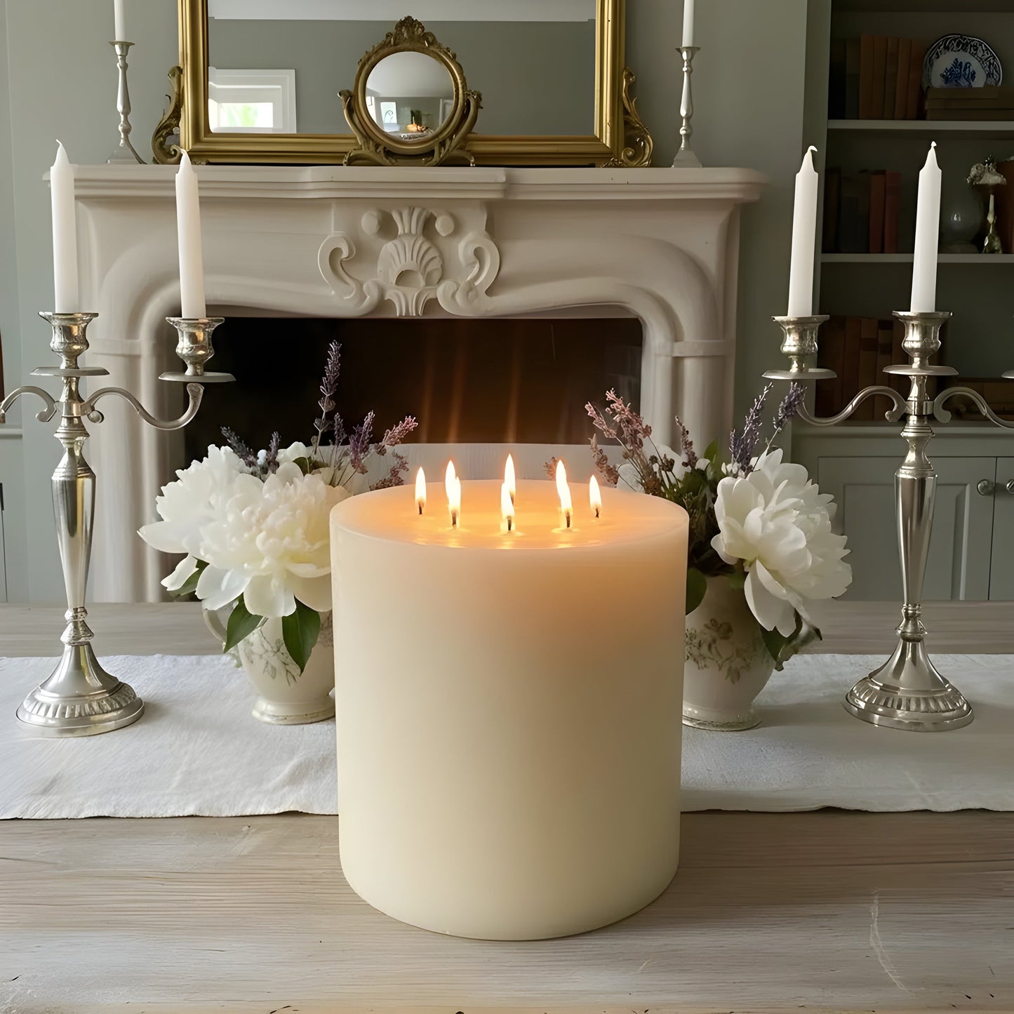 Bonfire White Beeswax Candle Eight-Wick Luxury Statement Pillar 9″ Tall 8″ Wide