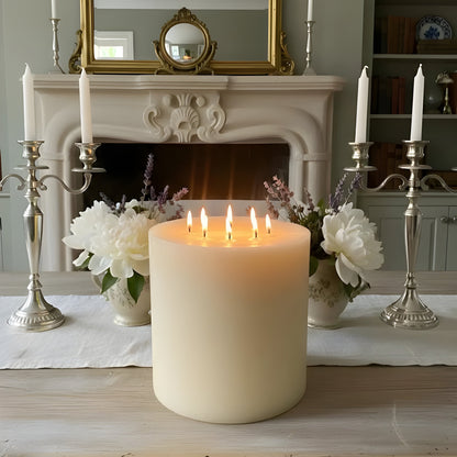 Bonfire White Beeswax Candle Eight-Wick Luxury Statement Pillar 9″ Tall 8″ Wide