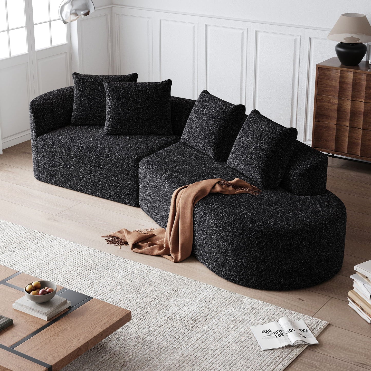 Upholstered Oversized Sectional Sofa, 4 Seater Extra Deep & Wide Curved Cloud Couch With 4 Throw Pillows For Living Room - Black