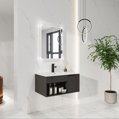 Wall Mounted Floating Bathroom Vanity With Open Shelf & Soft Close Door