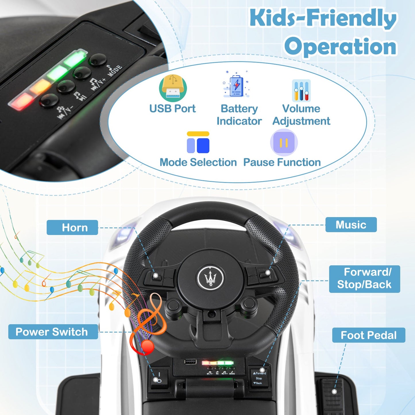 6V Electric Kids Ride on Push Car Maserati Licensed with Foot Pedal and Music