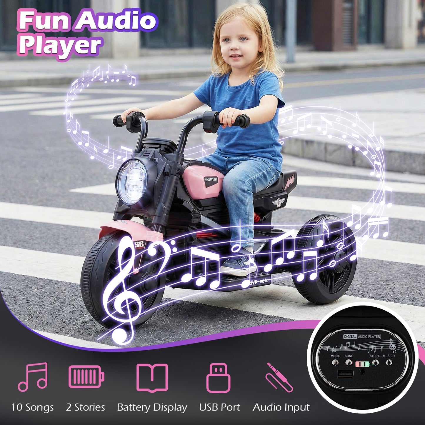 6V Kids Electric Motorcycle with LED Headlight and Music for Toddlers Aged 3-5