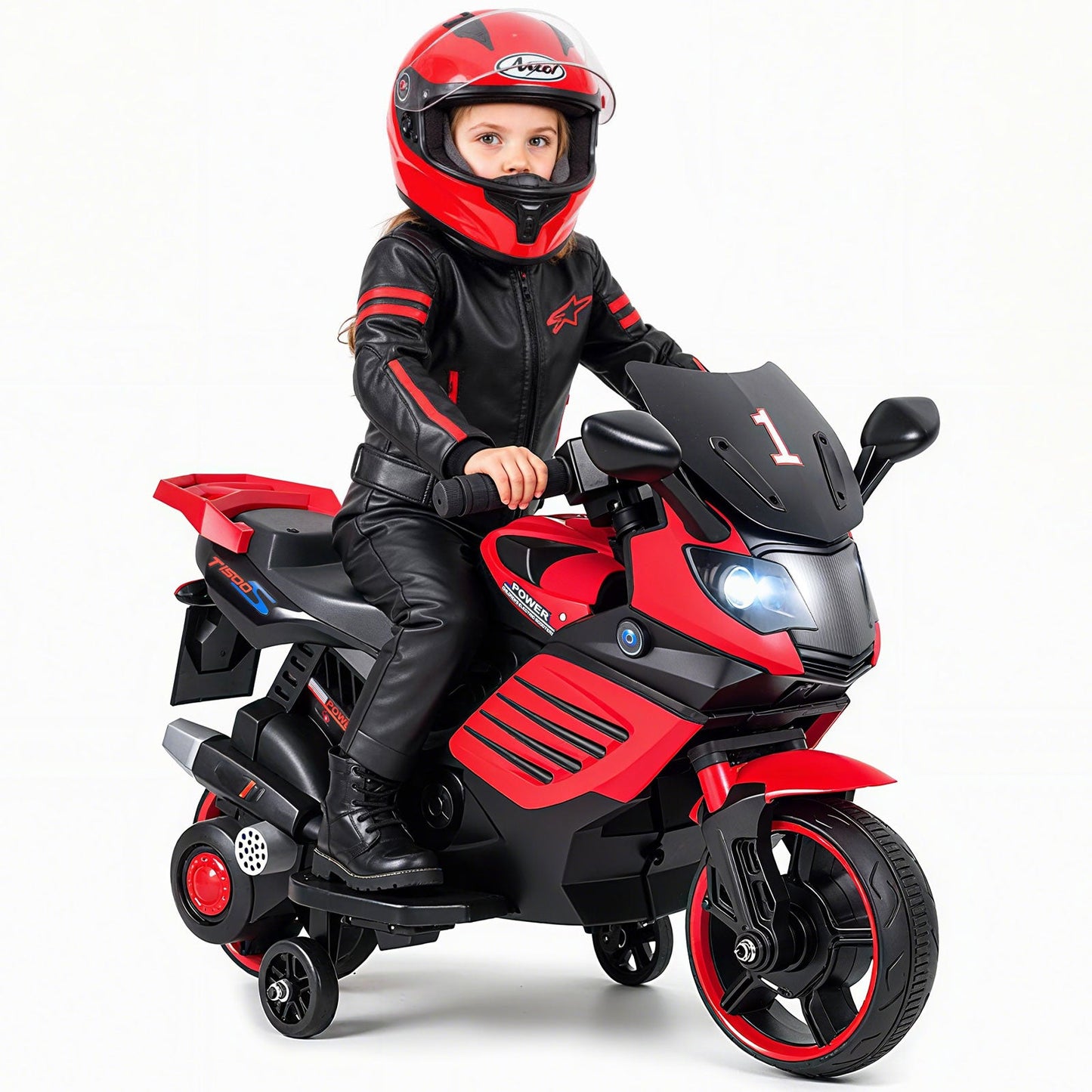6V Kids Motorcycle with Headlights Music and Detachable Training Wheels