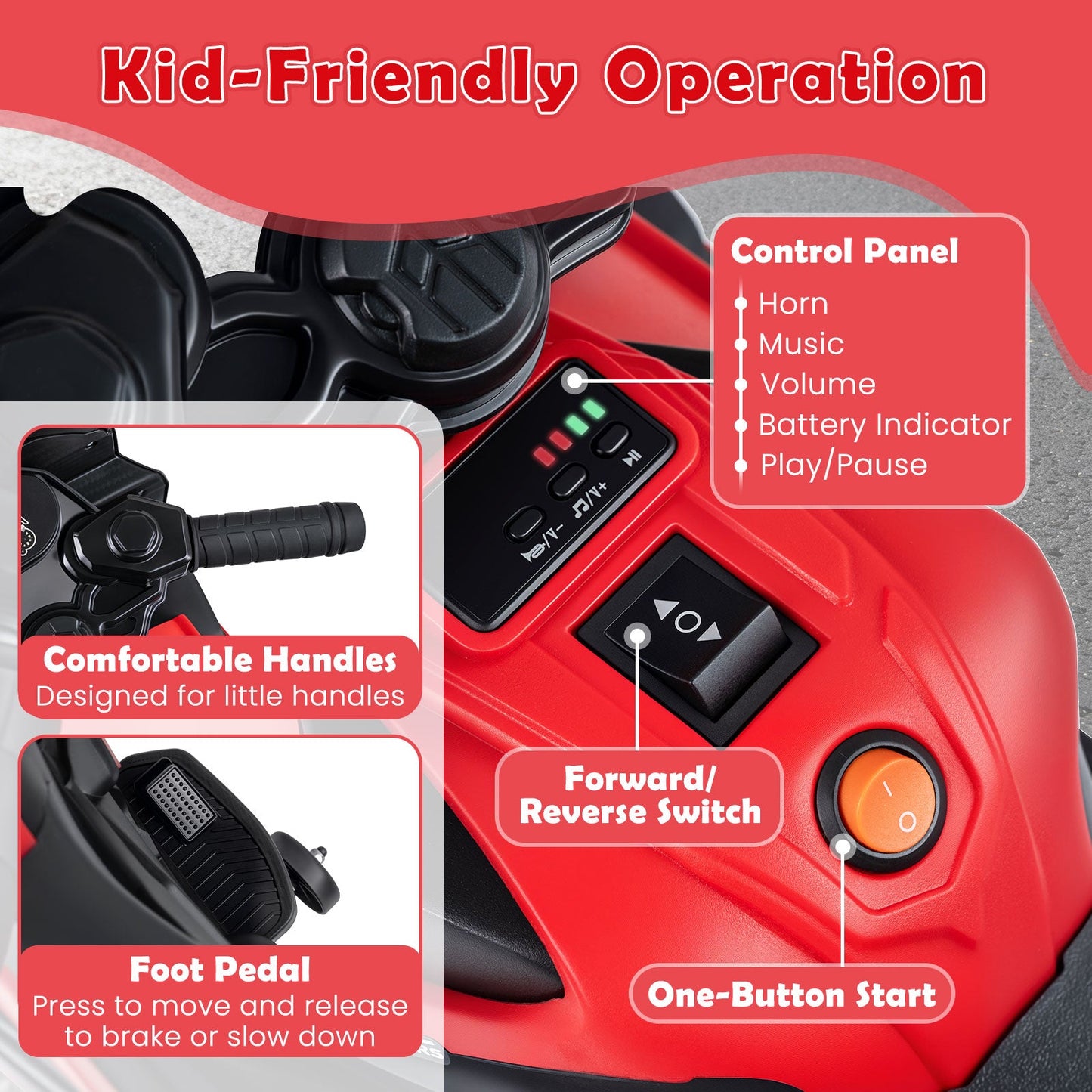 6V Kids Motorcycle with Headlights Music and Detachable Training Wheels