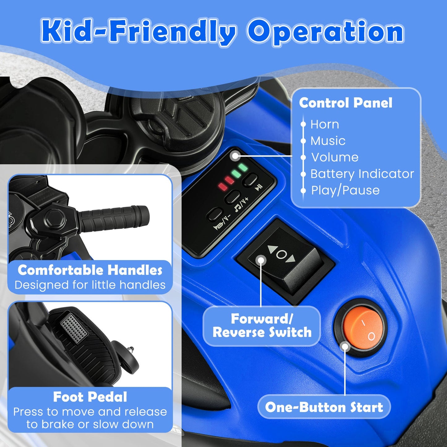 6V Kids Motorcycle with Headlights Music and Detachable Training Wheels