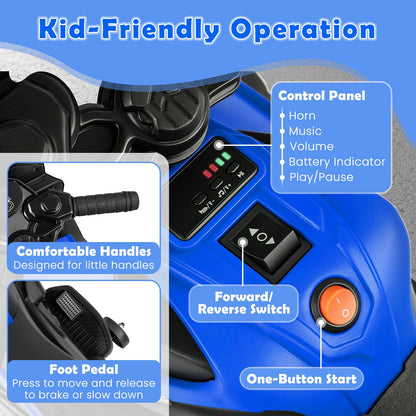 6V Kids Motorcycle with Headlights Music and Detachable Training Wheels