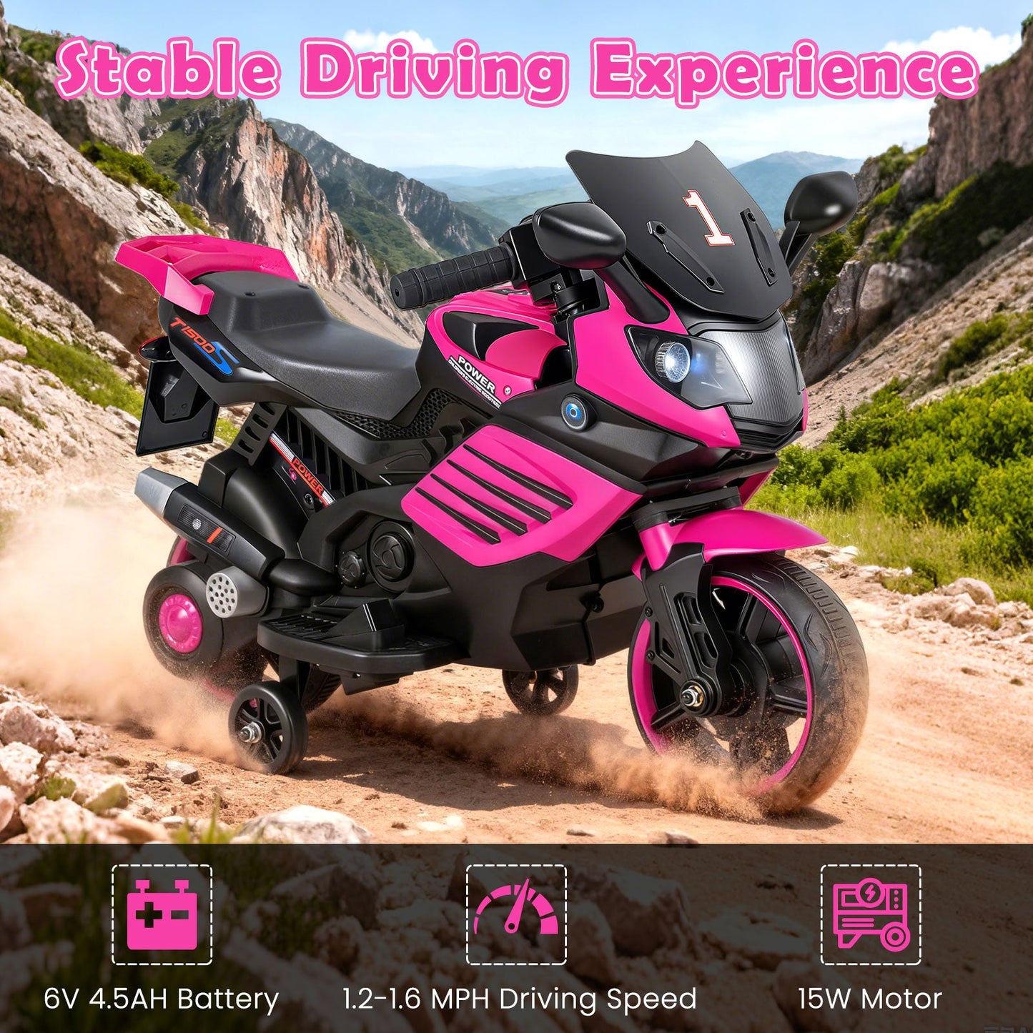 6V Kids Motorcycle with Headlights Music and Detachable Training Wheels