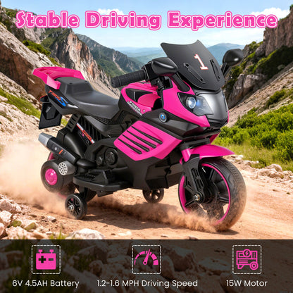 6V Kids Motorcycle with Headlights Music and Detachable Training Wheels