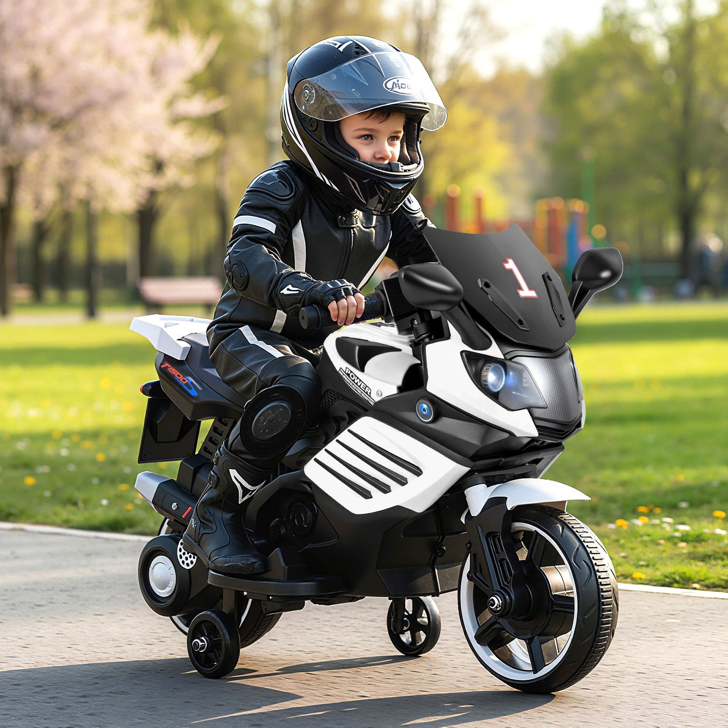 6V Kids Motorcycle with Headlights Music and Detachable Training Wheels