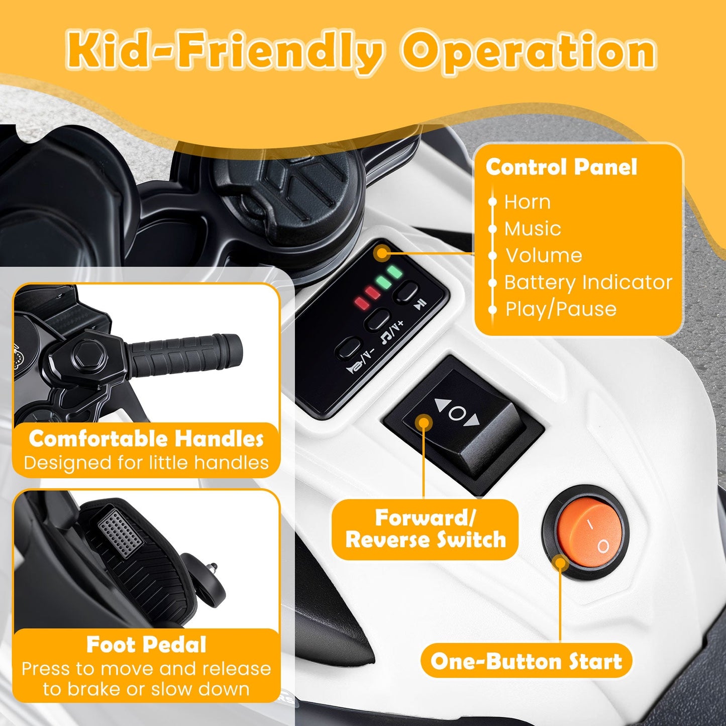 6V Kids Motorcycle with Headlights Music and Detachable Training Wheels