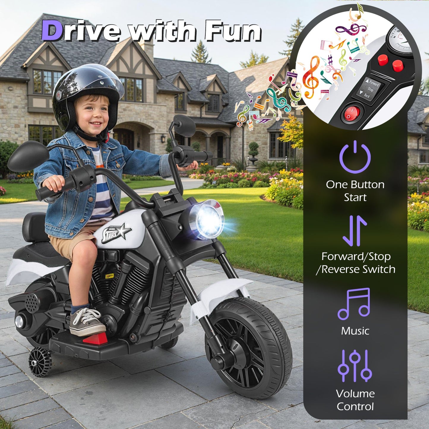 6V Kids Motorcycle with Headlight and Music and Training Wheels