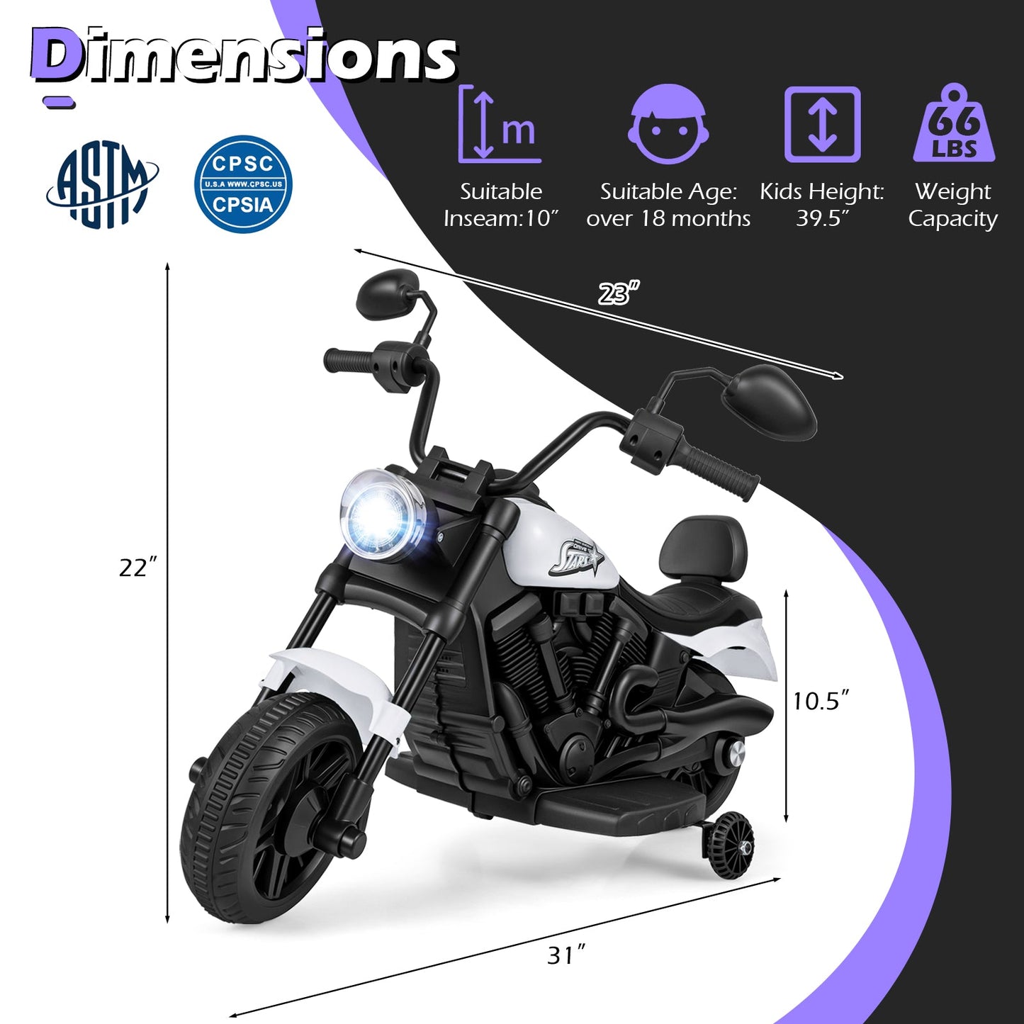 6V Kids Motorcycle with Headlight and Music and Training Wheels