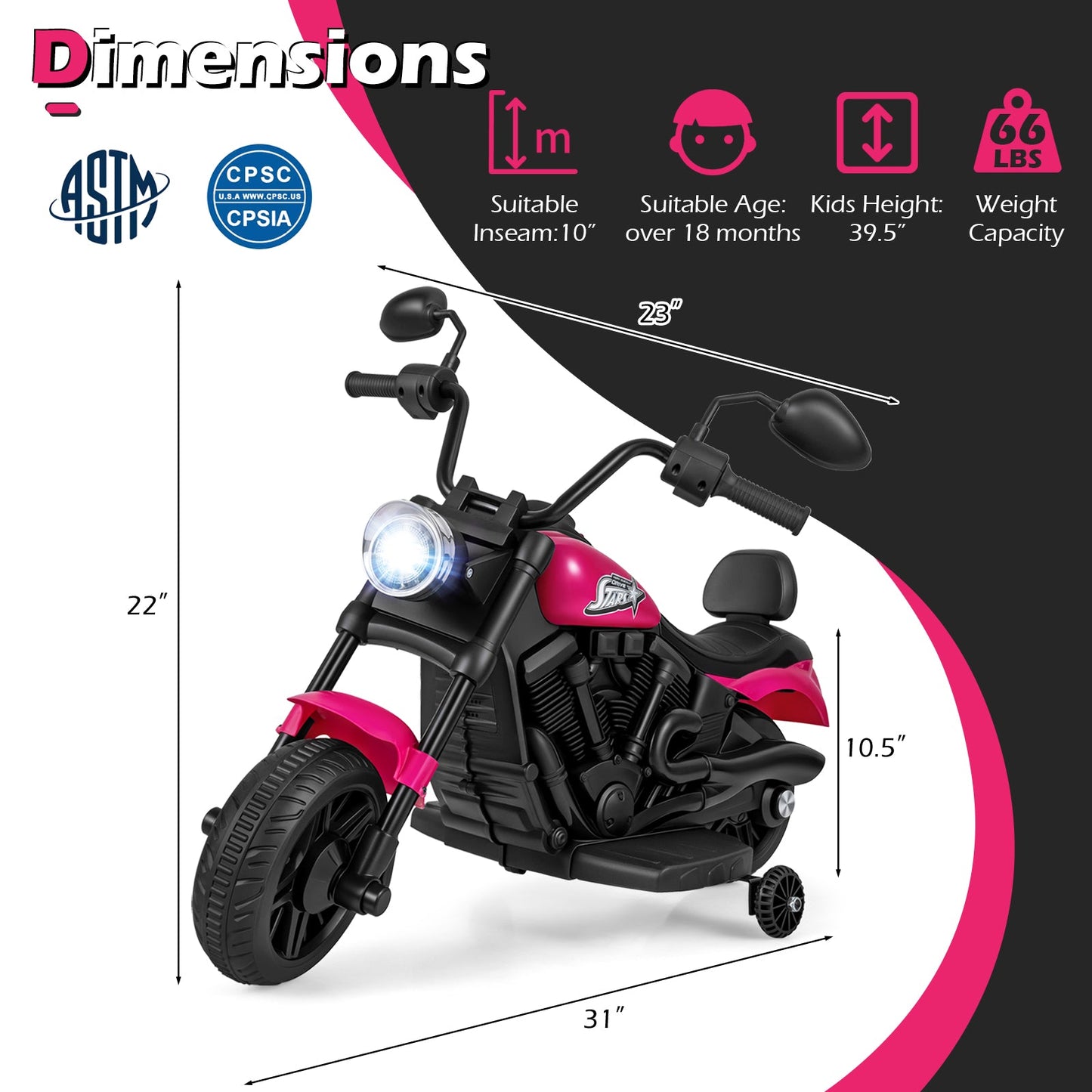 6V Kids Motorcycle with Headlight and Music and Training Wheels