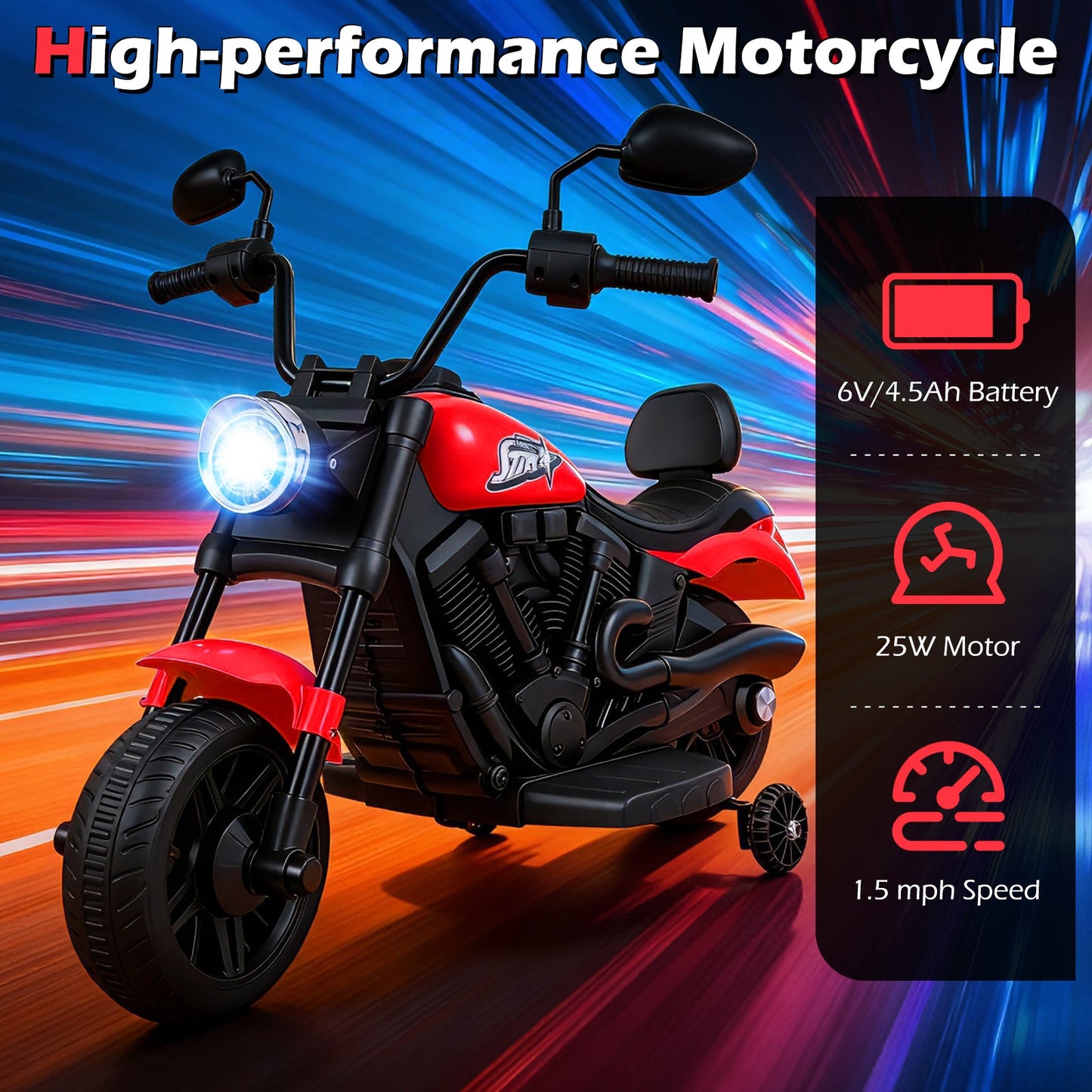 6V Kids Motorcycle with Headlight and Music and Training Wheels