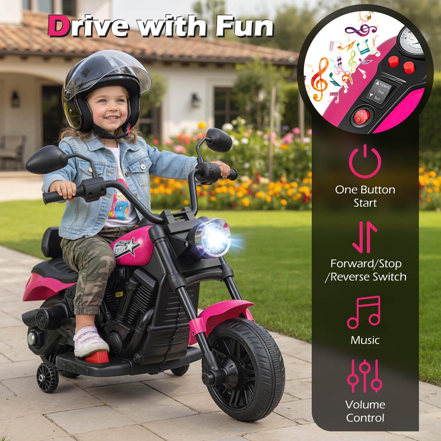 6V Kids Motorcycle with Headlight and Music and Training Wheels