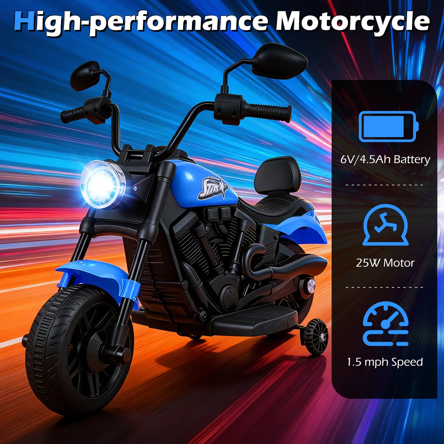 6V Kids Motorcycle with Headlight and Music and Training Wheels