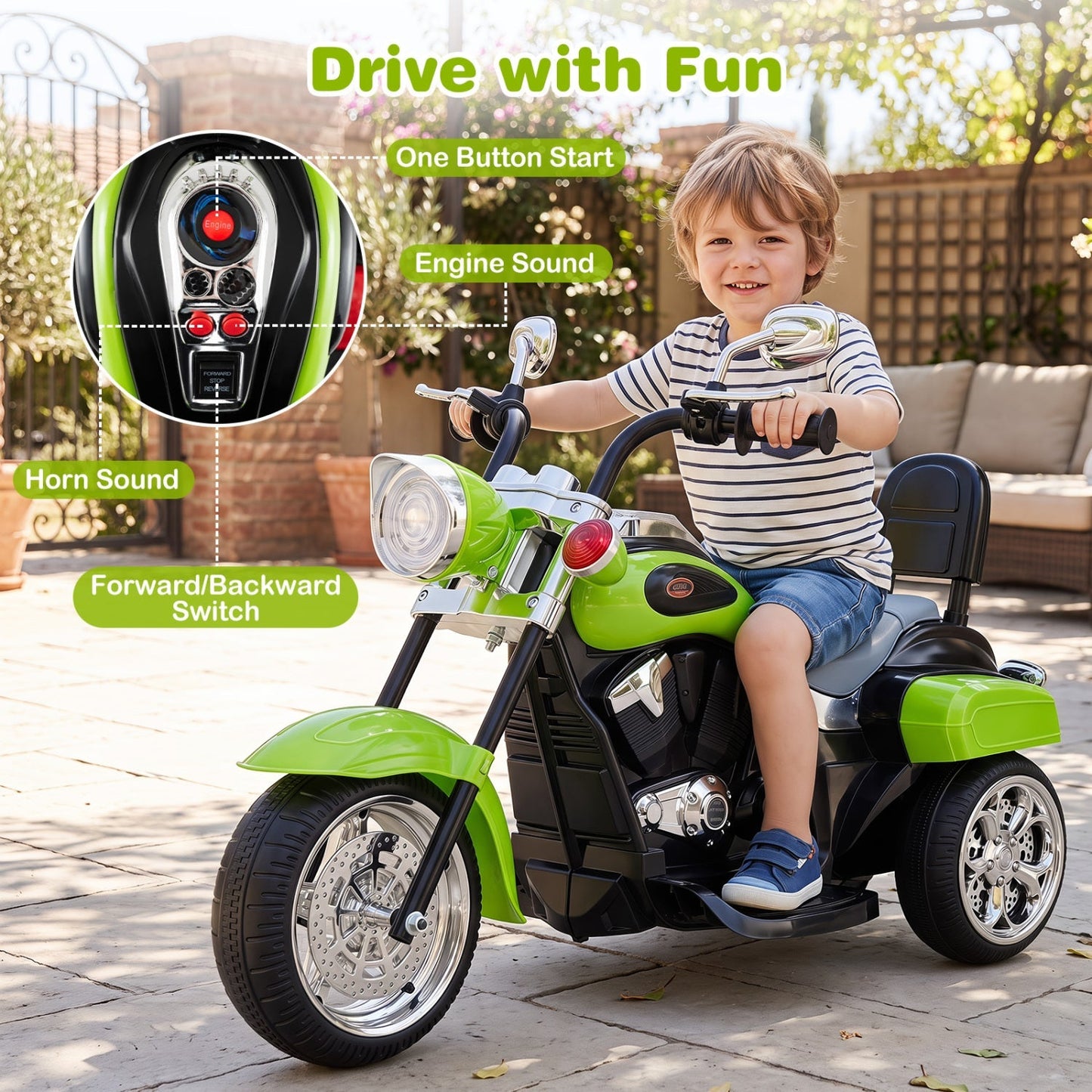 3-Wheel Electric Motorcycle Ride-On Toy for Toddlers 3+