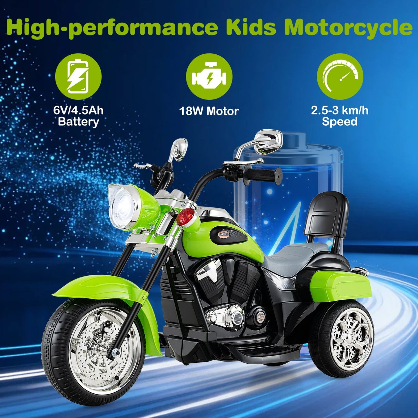 3-Wheel Electric Motorcycle Ride-On Toy for Toddlers 3+