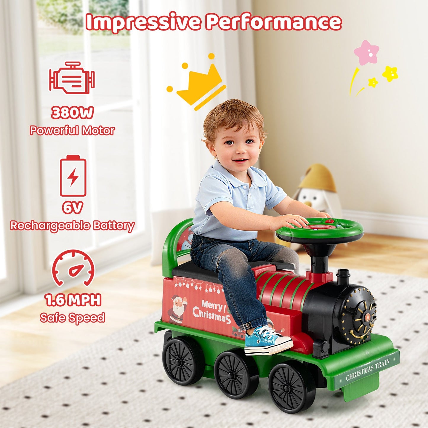 6V Ride on Train 2-Seater with Carriage and Flashing LED Lights