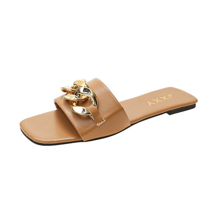 Women Sandals Design Gold Chain Closed Toe Slip On Mules Shoes Flat Heels Square Head Casual Slides Summer Slippers Open Toe Flat Sandals Metal Chain PU Leather Slides Shoes