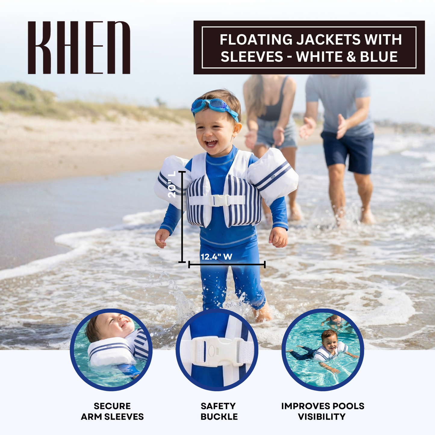 Floating Jackets with Sleeves for Pool or Beach | 1-3 Years | White & Blue
