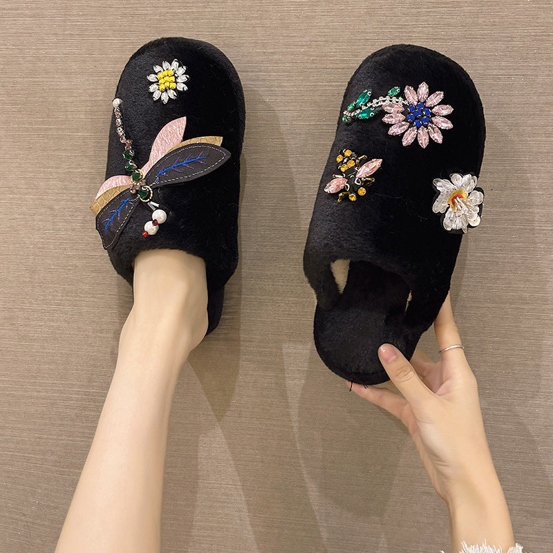 Winter Woman Warm Home Slippers Women Diamond Flip Flops Fur Slides Anti-slip Indoor Slippers Slip On Bedroom Shoes Memory Foam Wool Lining Indoor Ourdoor Non Skid Slippers