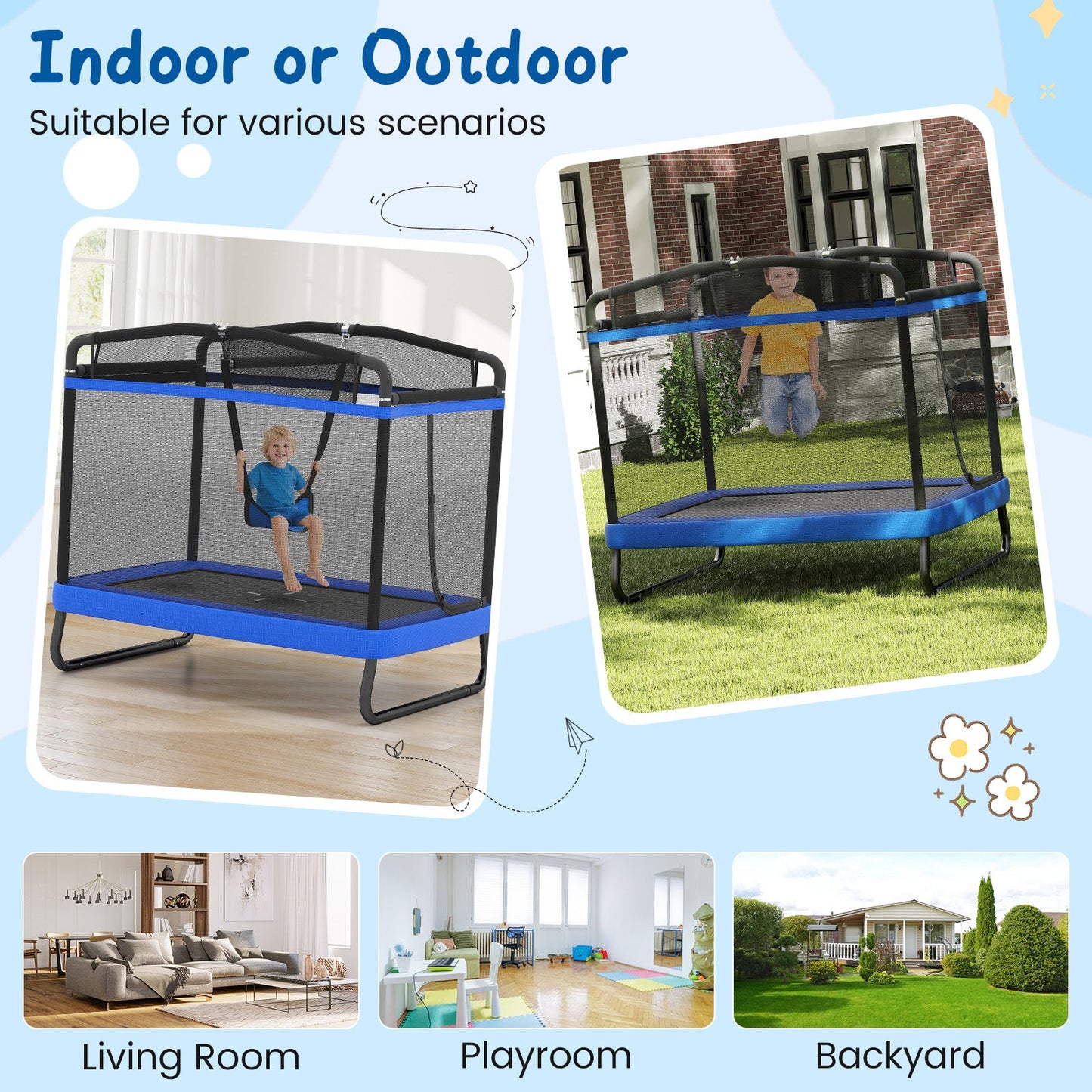 6 FT Kids Trampoline with Swing and Horizontal Bar Small Rectangle Trampoline