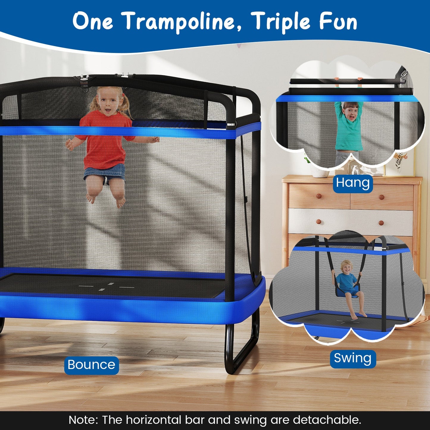 6 FT Kids Trampoline with Swing and Horizontal Bar Small Rectangle Trampoline