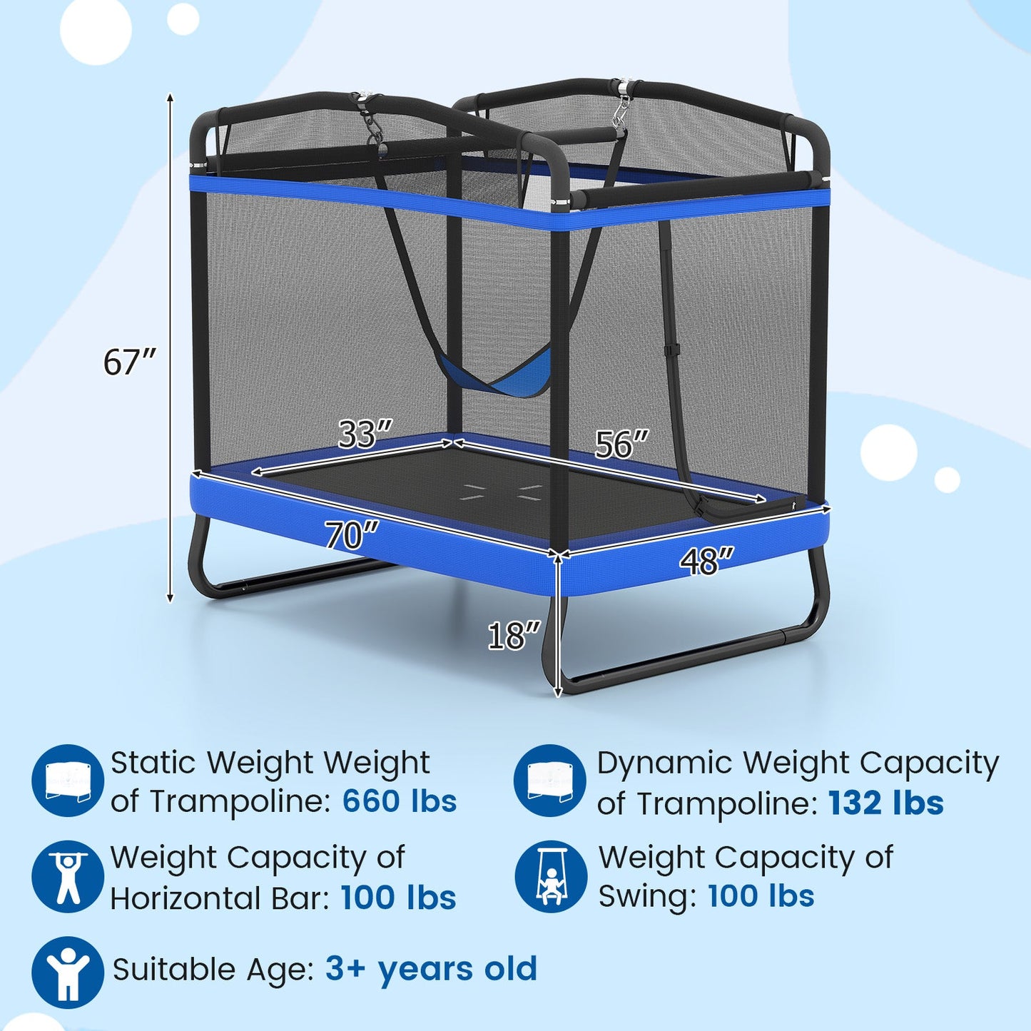 6 FT Kids Trampoline with Swing and Horizontal Bar Small Rectangle Trampoline