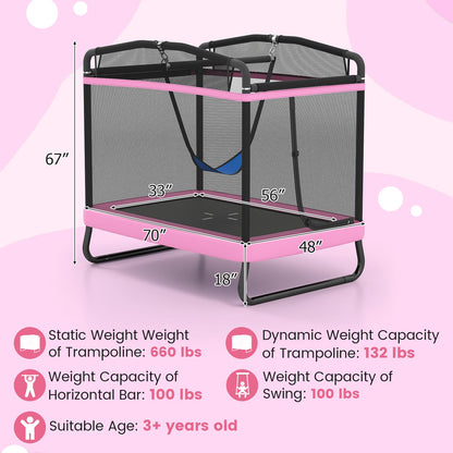 6 FT Kids Trampoline with Swing and Horizontal Bar Small Rectangle Trampoline