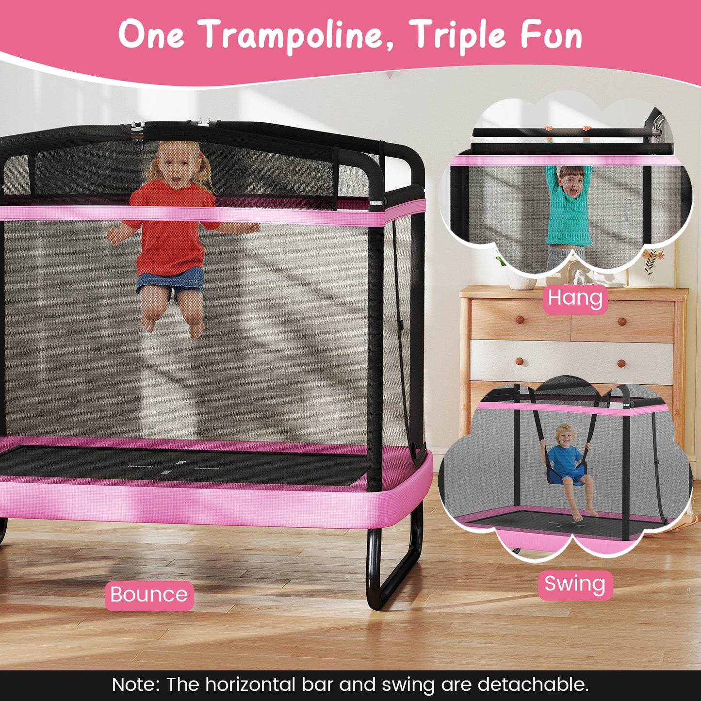 6 FT Kids Trampoline with Swing and Horizontal Bar Small Rectangle Trampoline