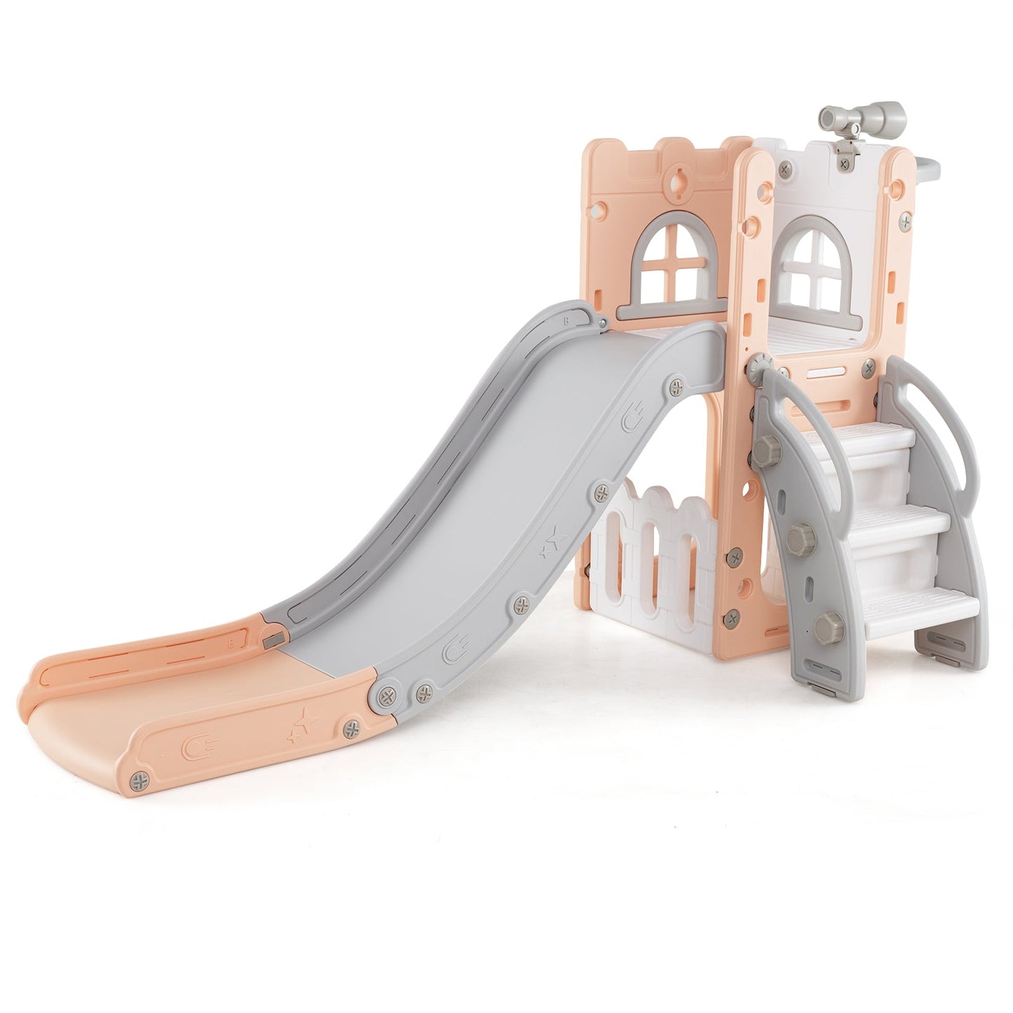6-in-1 Toddler Slide L-shaped Playground with Basketball Hoop and Ladder