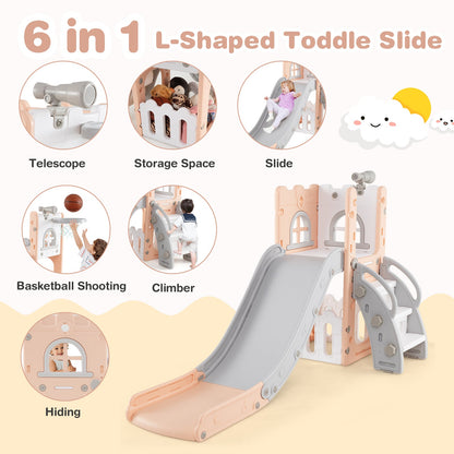 6-in-1 Toddler Slide L-shaped Playground with Basketball Hoop and Ladder