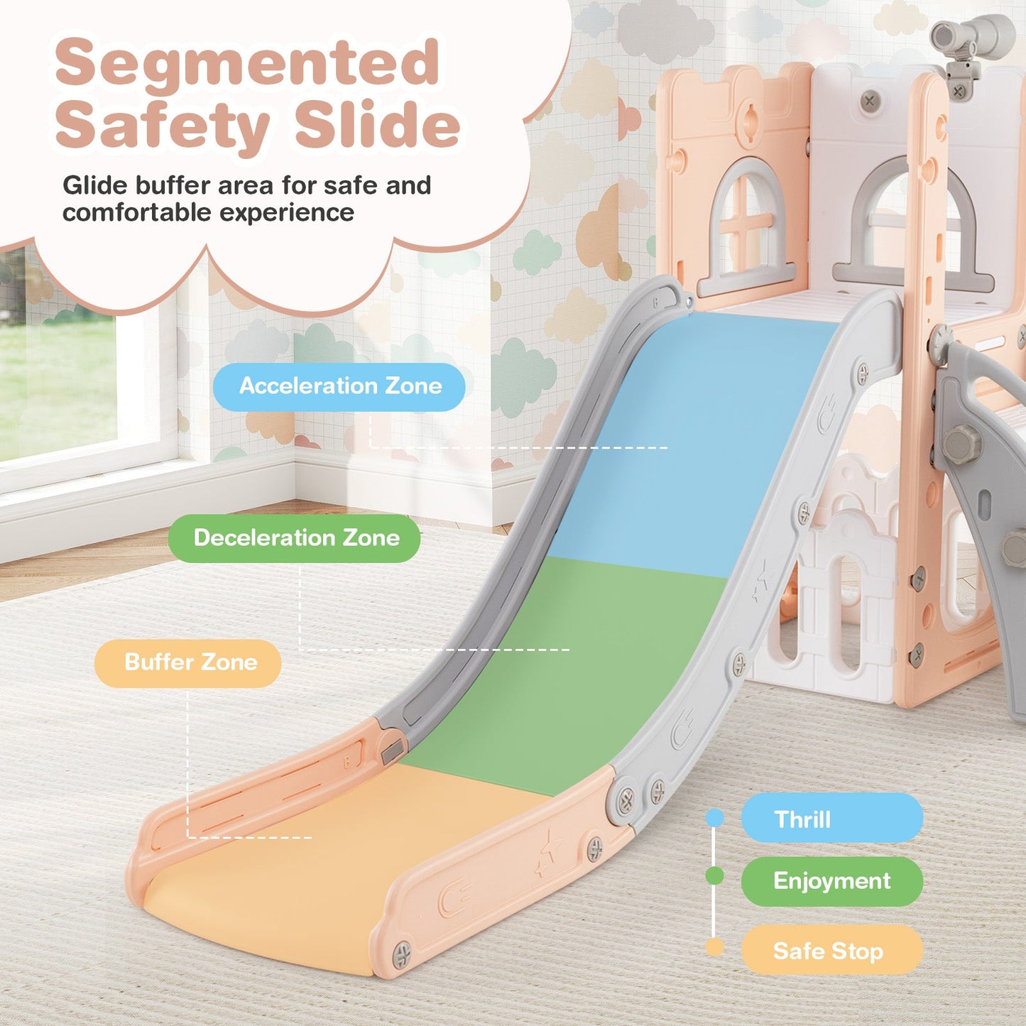 6-in-1 Toddler Slide L-shaped Playground with Basketball Hoop and Ladder