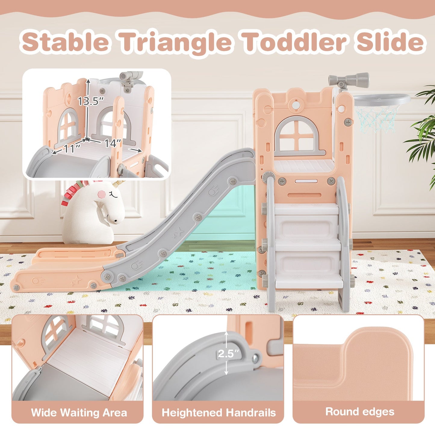 6-in-1 Toddler Slide L-shaped Playground with Basketball Hoop and Ladder