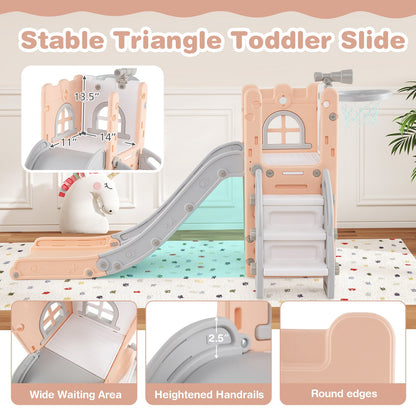 6-in-1 Toddler Slide L-shaped Playground with Basketball Hoop and Ladder