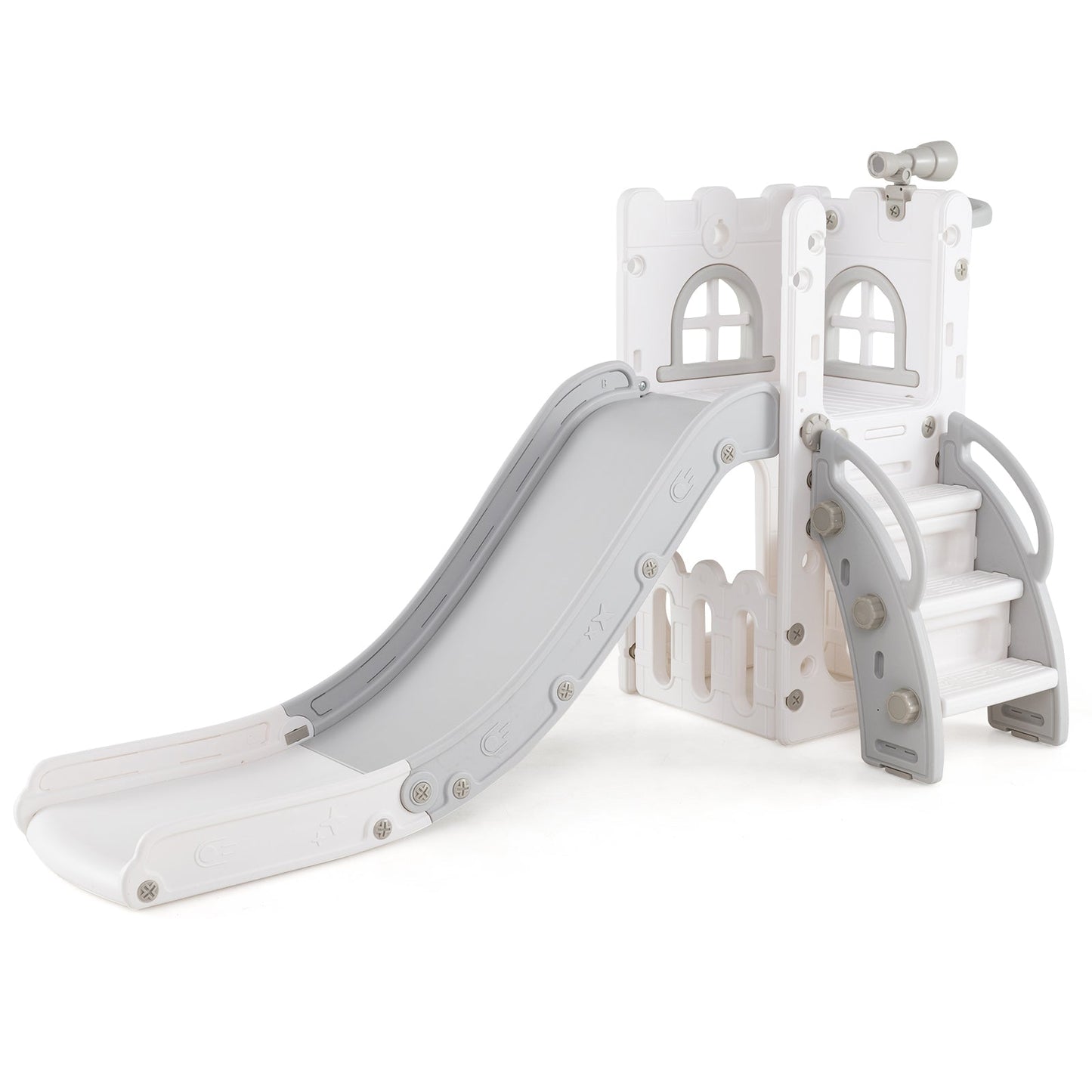 6-in-1 Toddler Slide L-shaped Playground with Basketball Hoop and Ladder