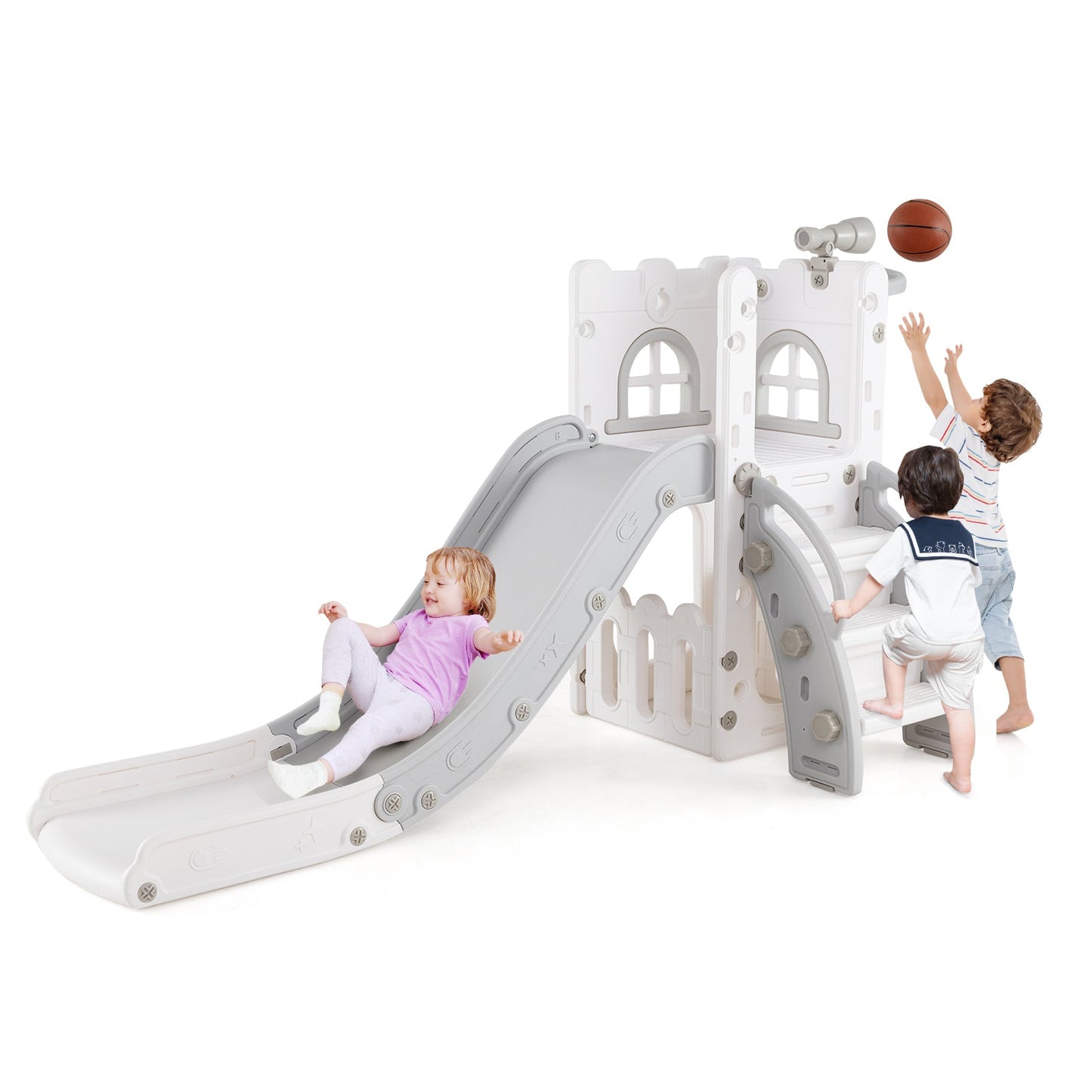 6-in-1 Toddler Slide L-shaped Playground with Basketball Hoop and Ladder