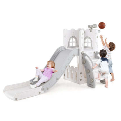 6-in-1 Toddler Slide L-shaped Playground with Basketball Hoop and Ladder