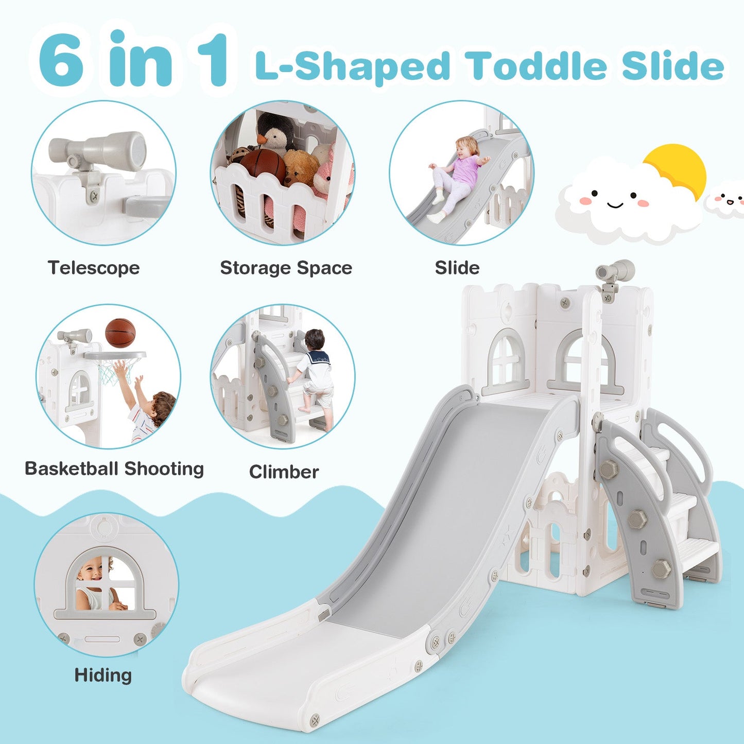 6-in-1 Toddler Slide L-shaped Playground with Basketball Hoop and Ladder
