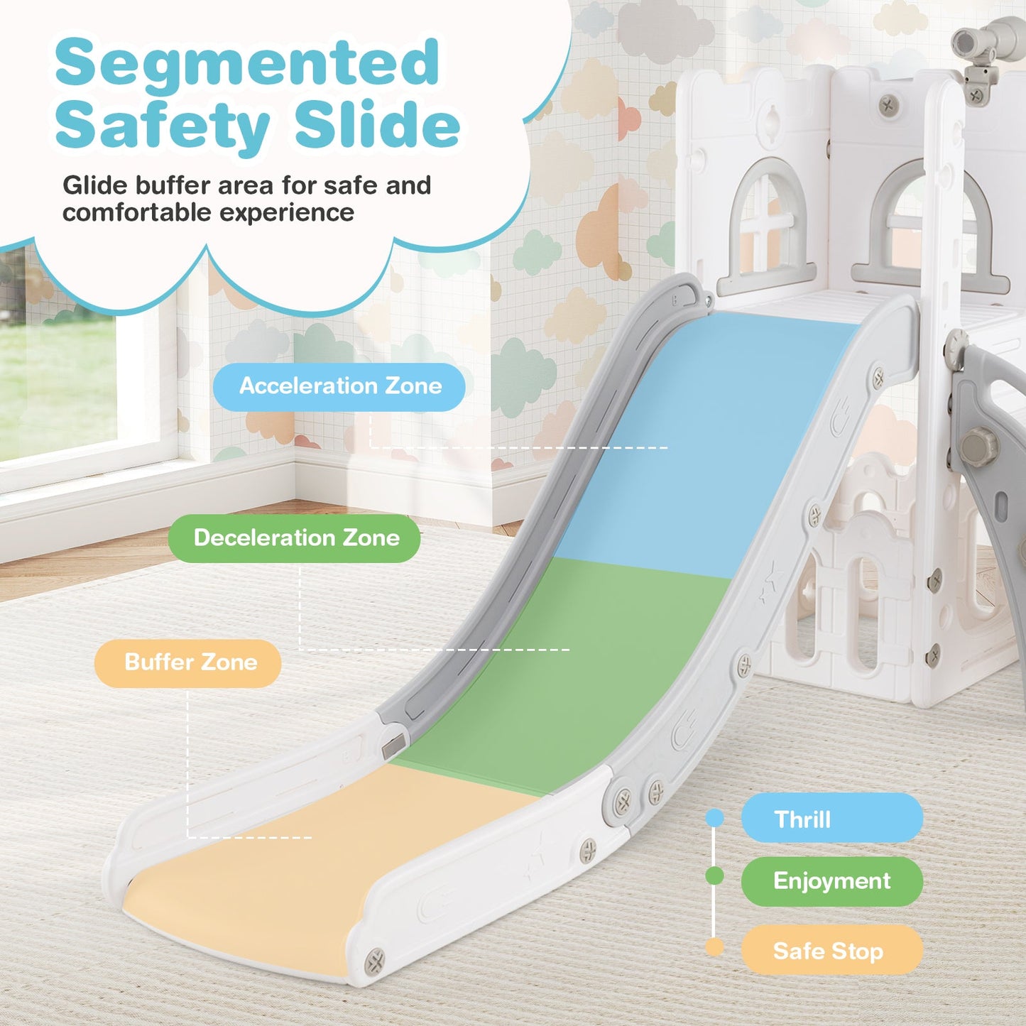 6-in-1 Toddler Slide L-shaped Playground with Basketball Hoop and Ladder