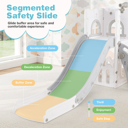 6-in-1 Toddler Slide L-shaped Playground with Basketball Hoop and Ladder