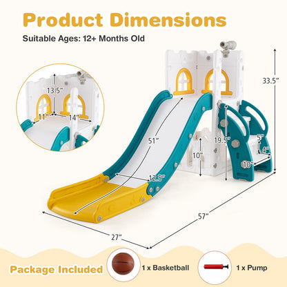 6-in-1 Toddler Slide L-shaped Playground with Basketball Hoop and Ladder