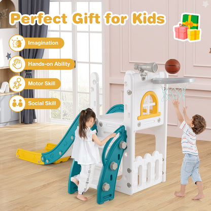 6-in-1 Toddler Slide L-shaped Playground with Basketball Hoop and Ladder