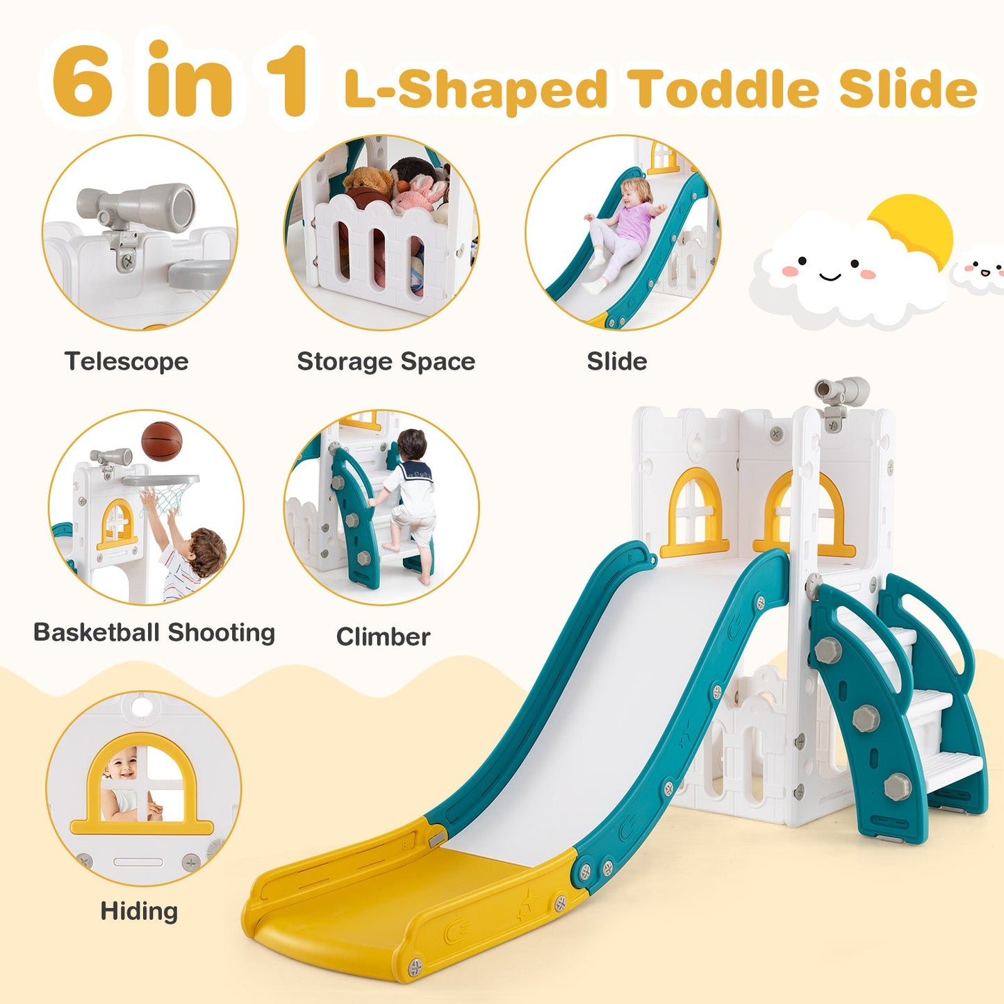 6-in-1 Toddler Slide L-shaped Playground with Basketball Hoop and Ladder